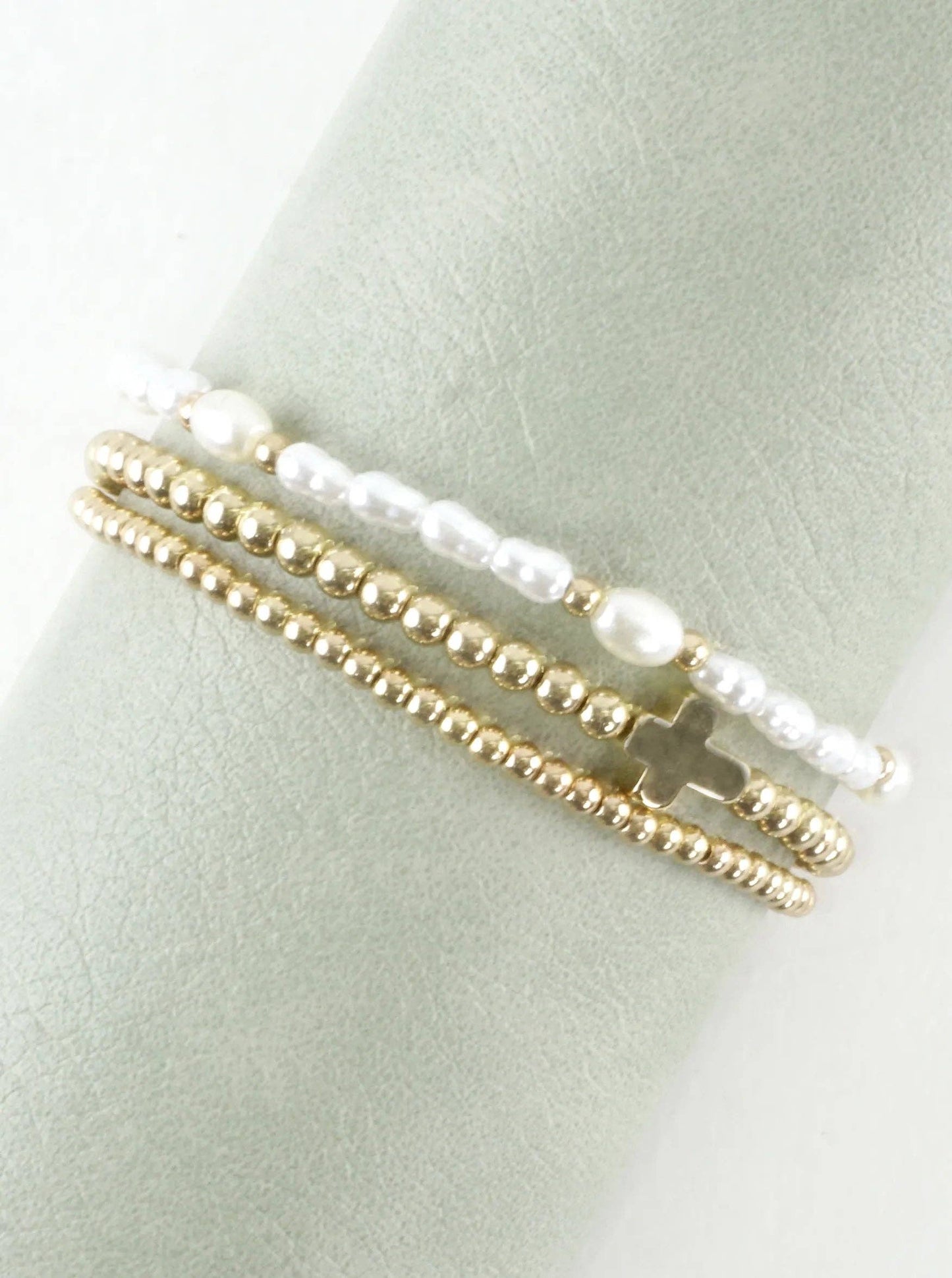 3 PC Set Brass Cross Pearl Stretch Bracelets