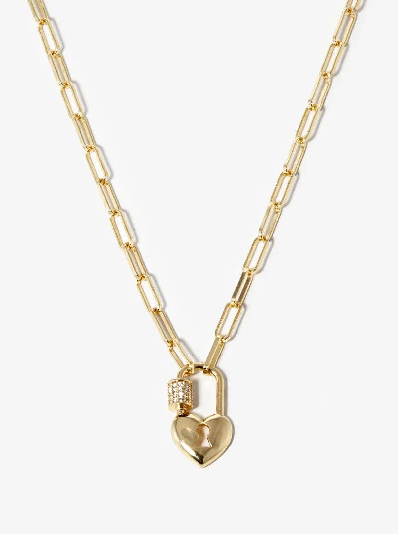 18K Gold Cz Pave Heart Lock Pendant Necklace