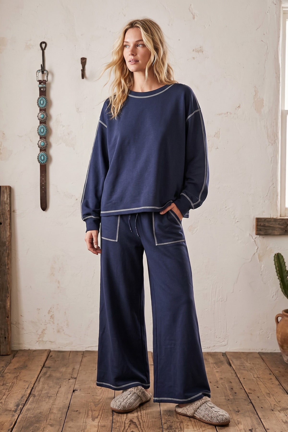 Navy Scuba Contrast Stitch Pullover & Wide Leg Pants Set