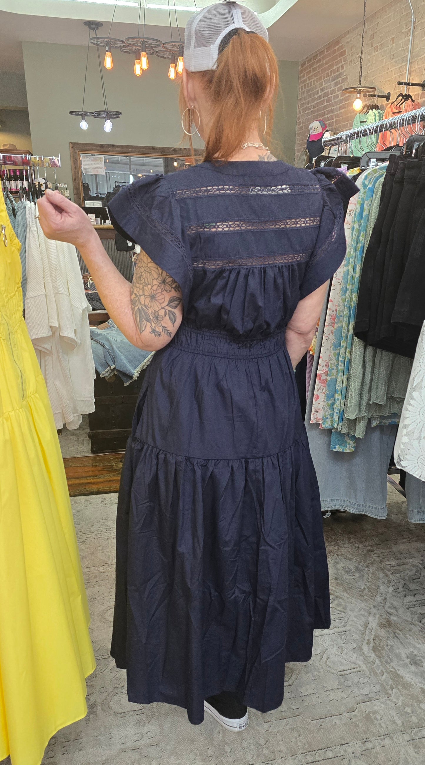 Naval Flare Shoulder Midi Dress