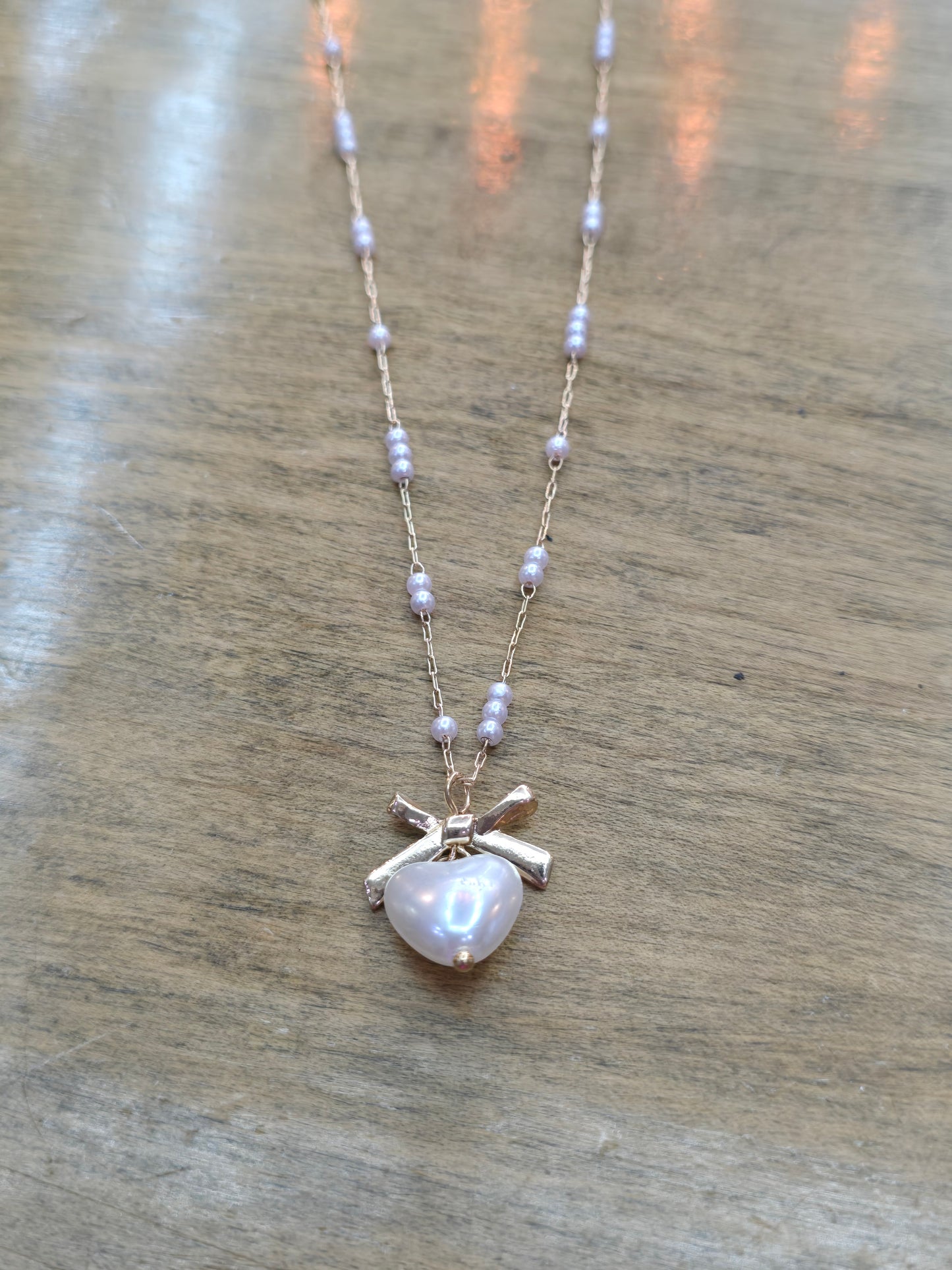 Pearl Beaded with Bow and Heart Necklace