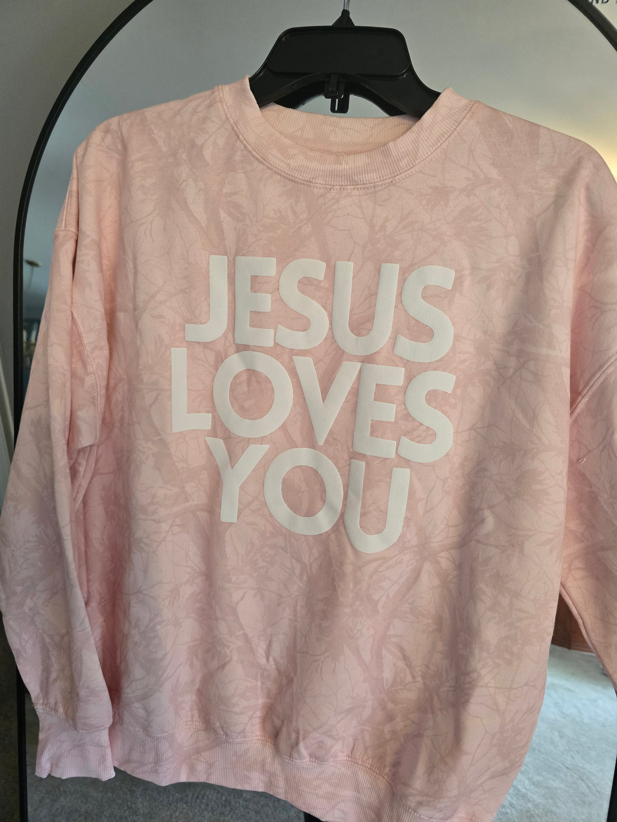 Pink Woodlands Camo Jesus Loves You Sweatshirt