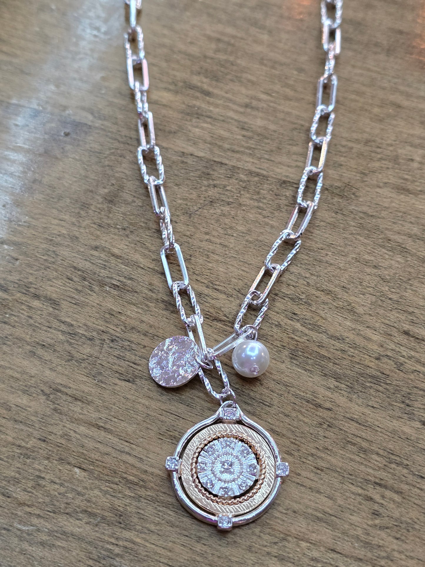 Silver Two Tone Coin and Pearl Necklace