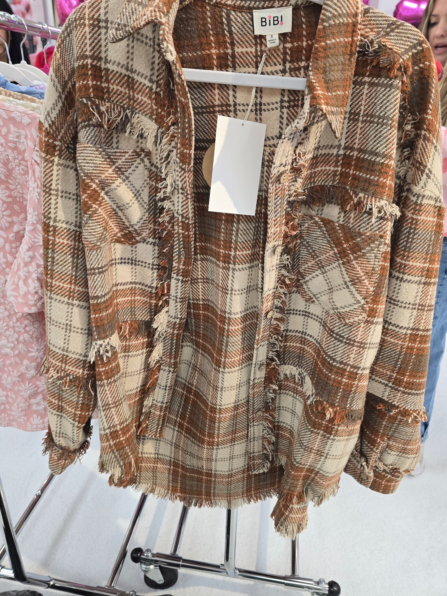 Brown Checkered Frayed Shacket