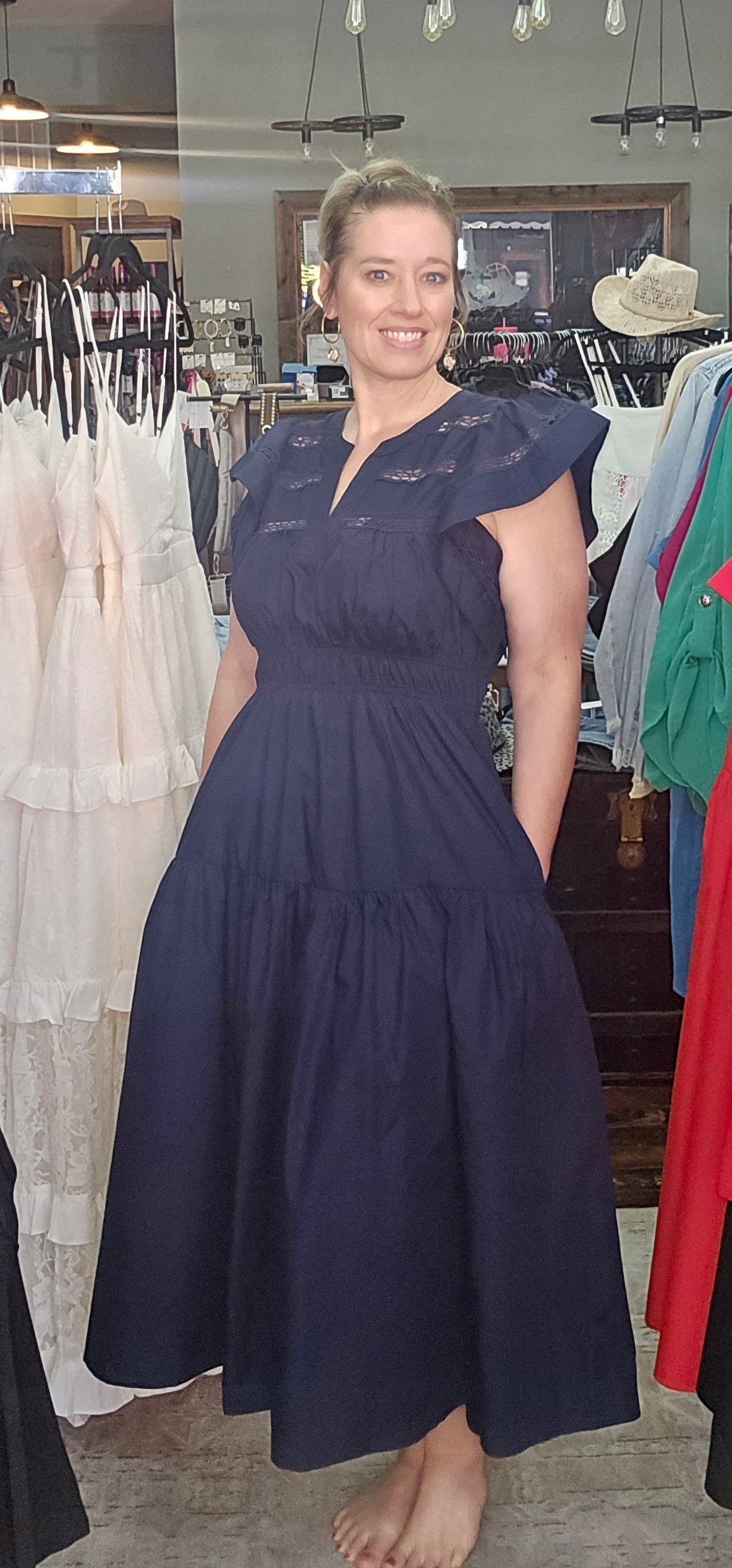 Naval Flare Shoulder Midi Dress