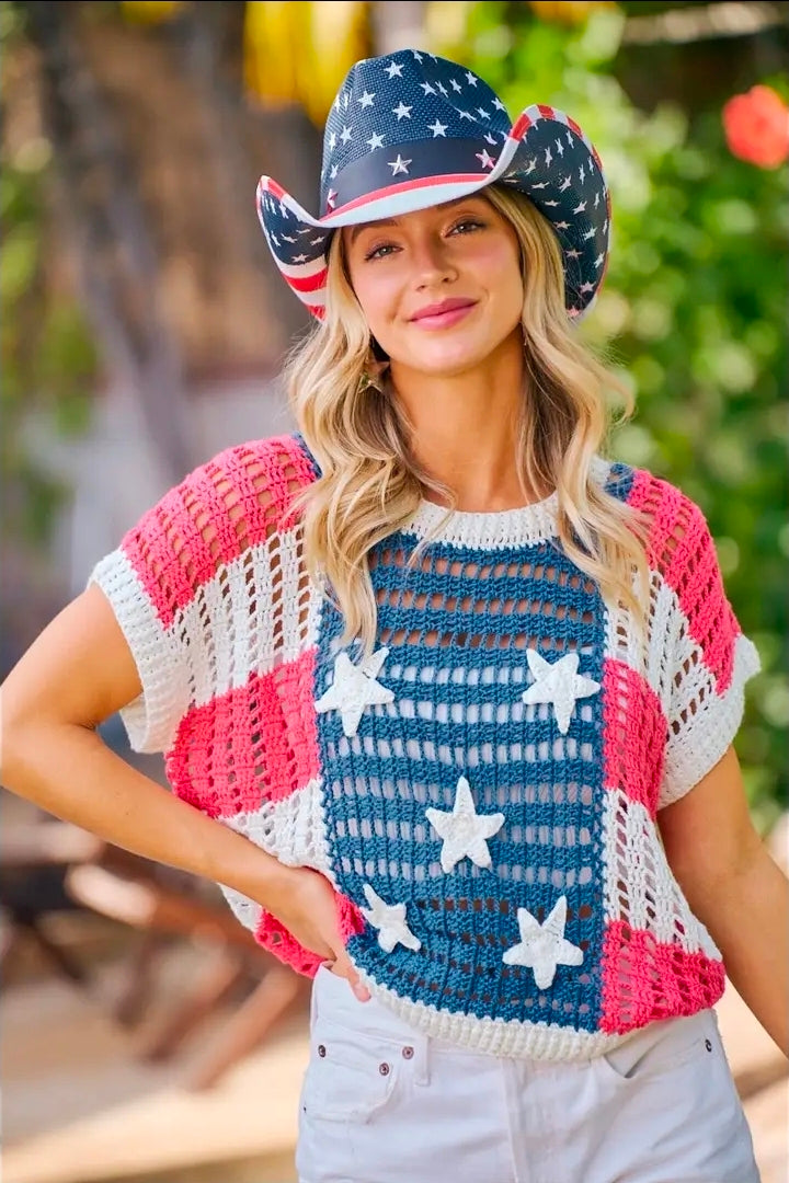 Star Patch Croch Open Knit Sweater