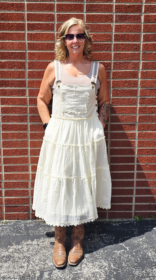 Trisha Cream Tiered Overall Dress