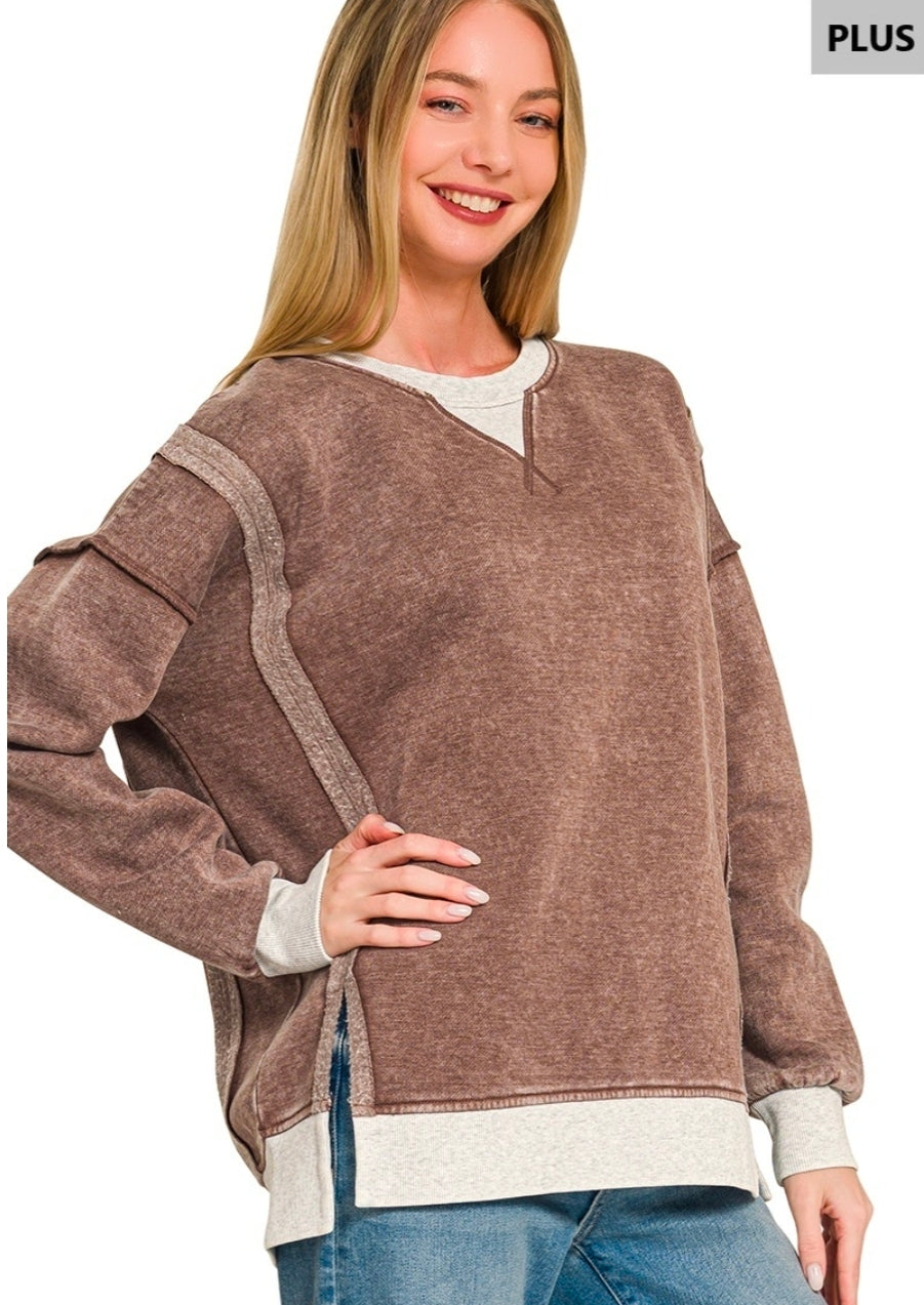 Curvy Brown Acid Washed Pullover