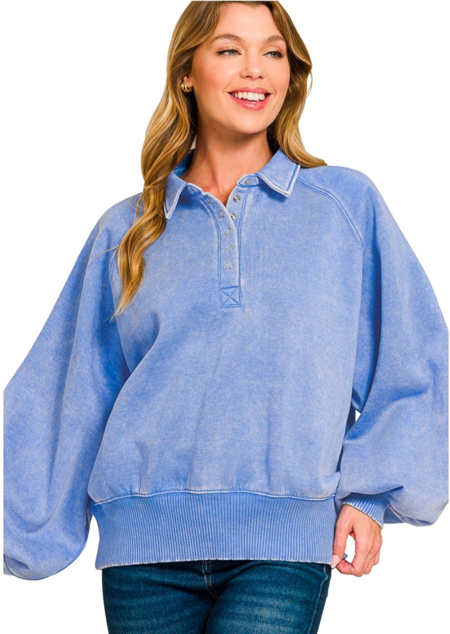 Acid Wash Fleece Button Up Pullover