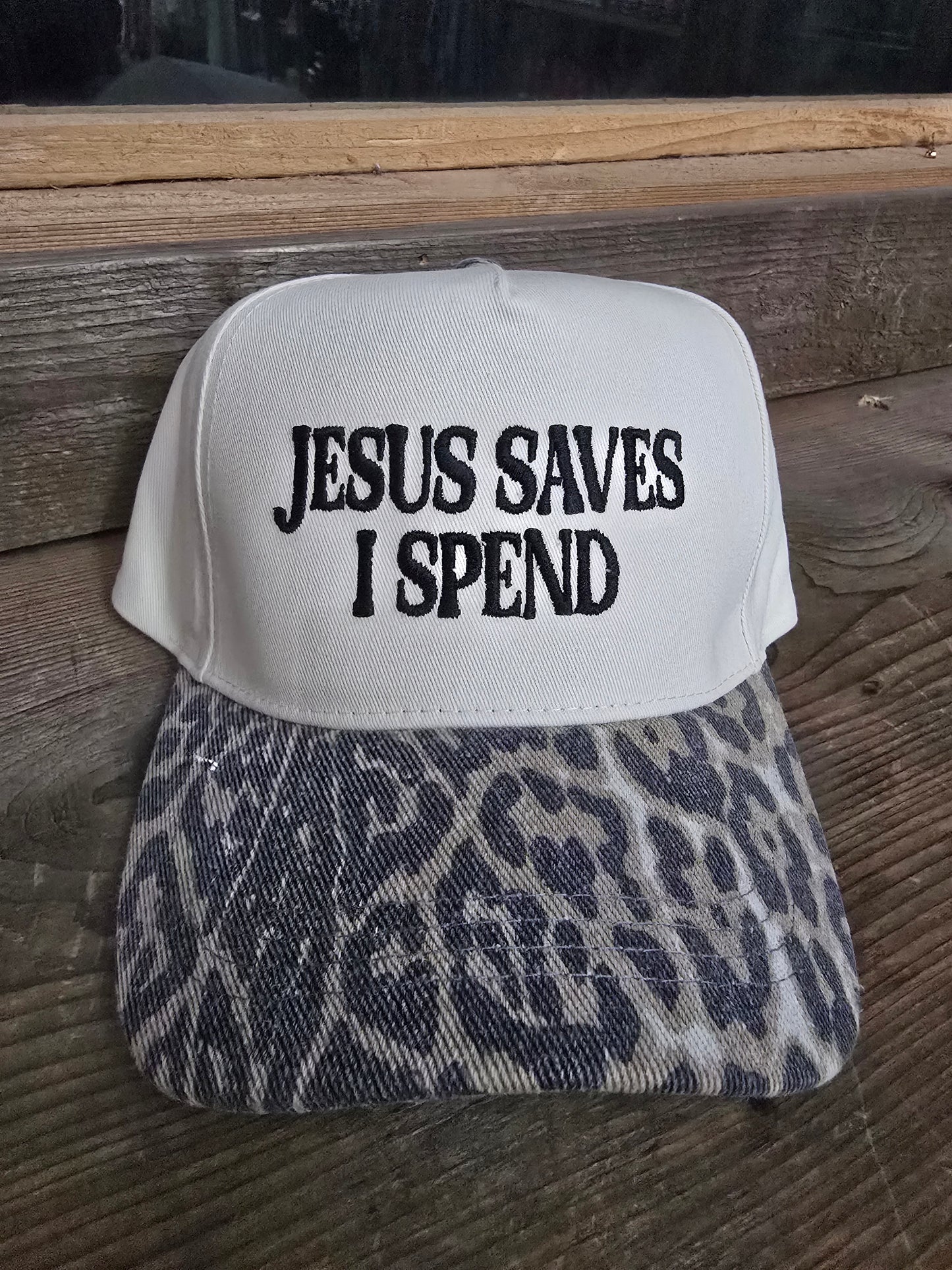 Jesus Saves I Spend Leopard Hat