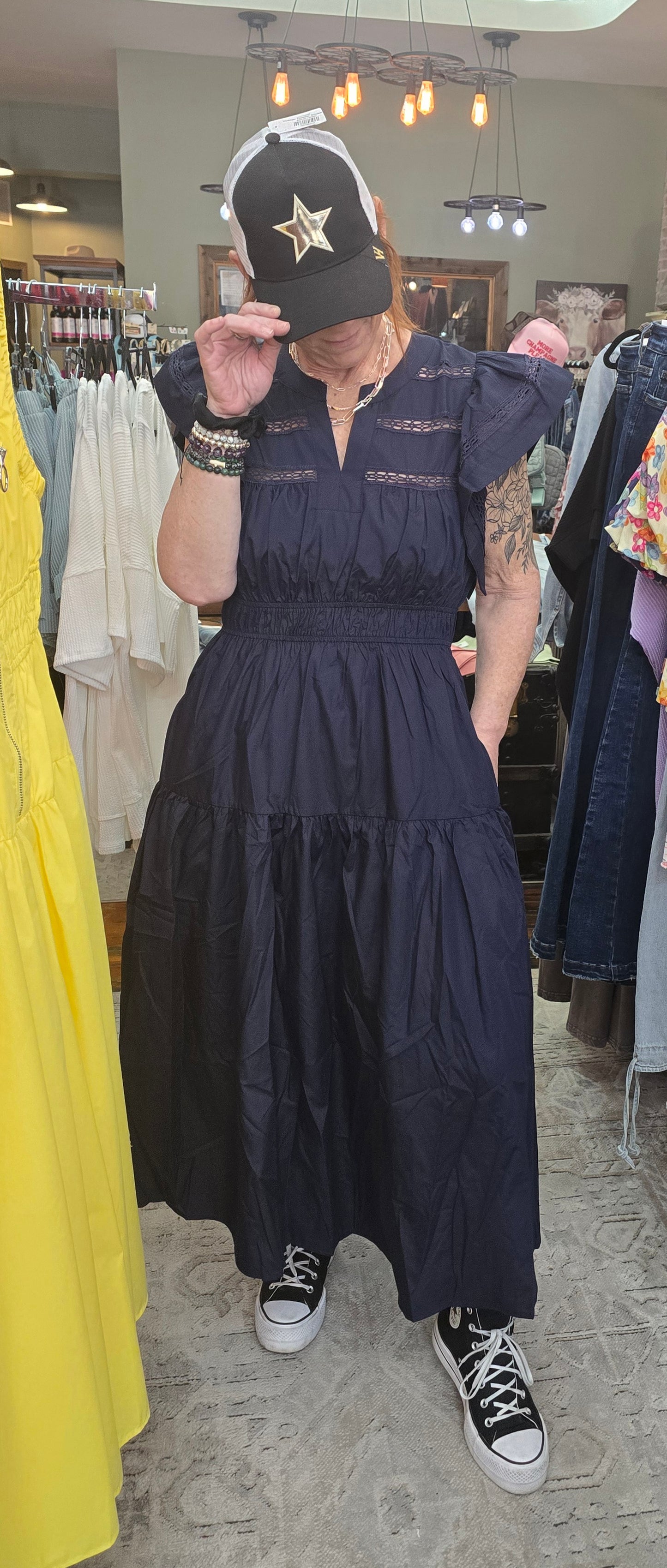 Naval Flare Shoulder Midi Dress