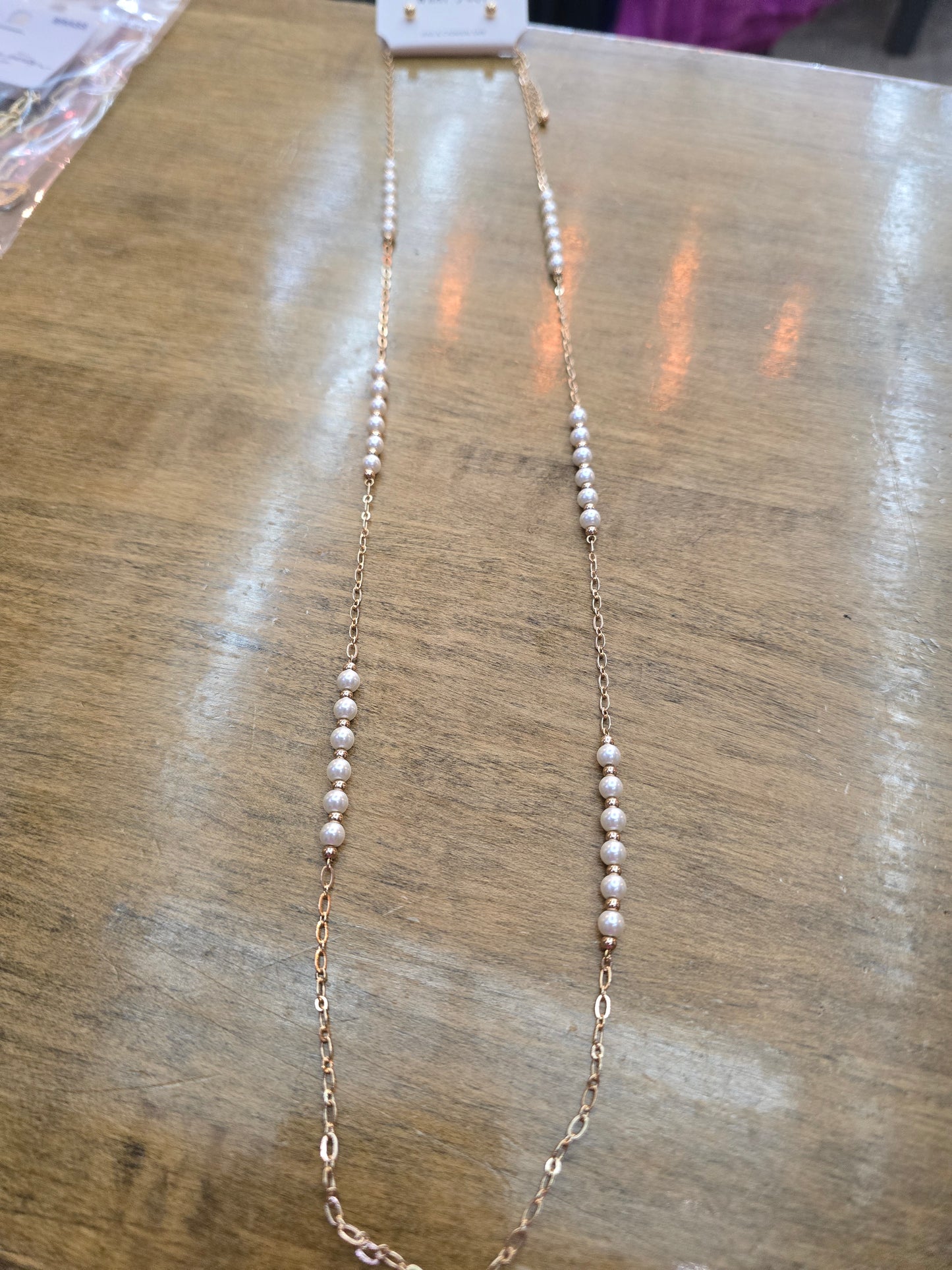 Long Gold Beaded and Pearl Necklace