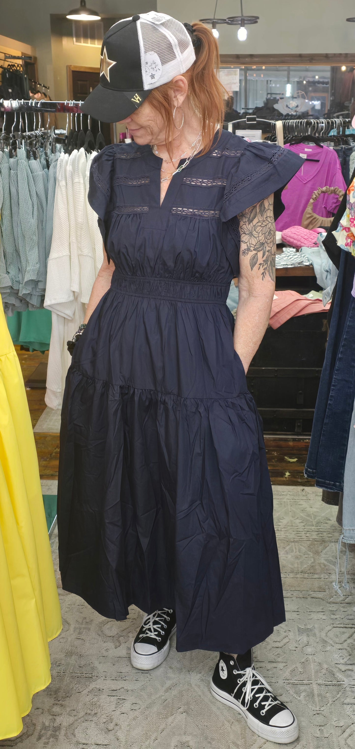 Naval Flare Shoulder Midi Dress