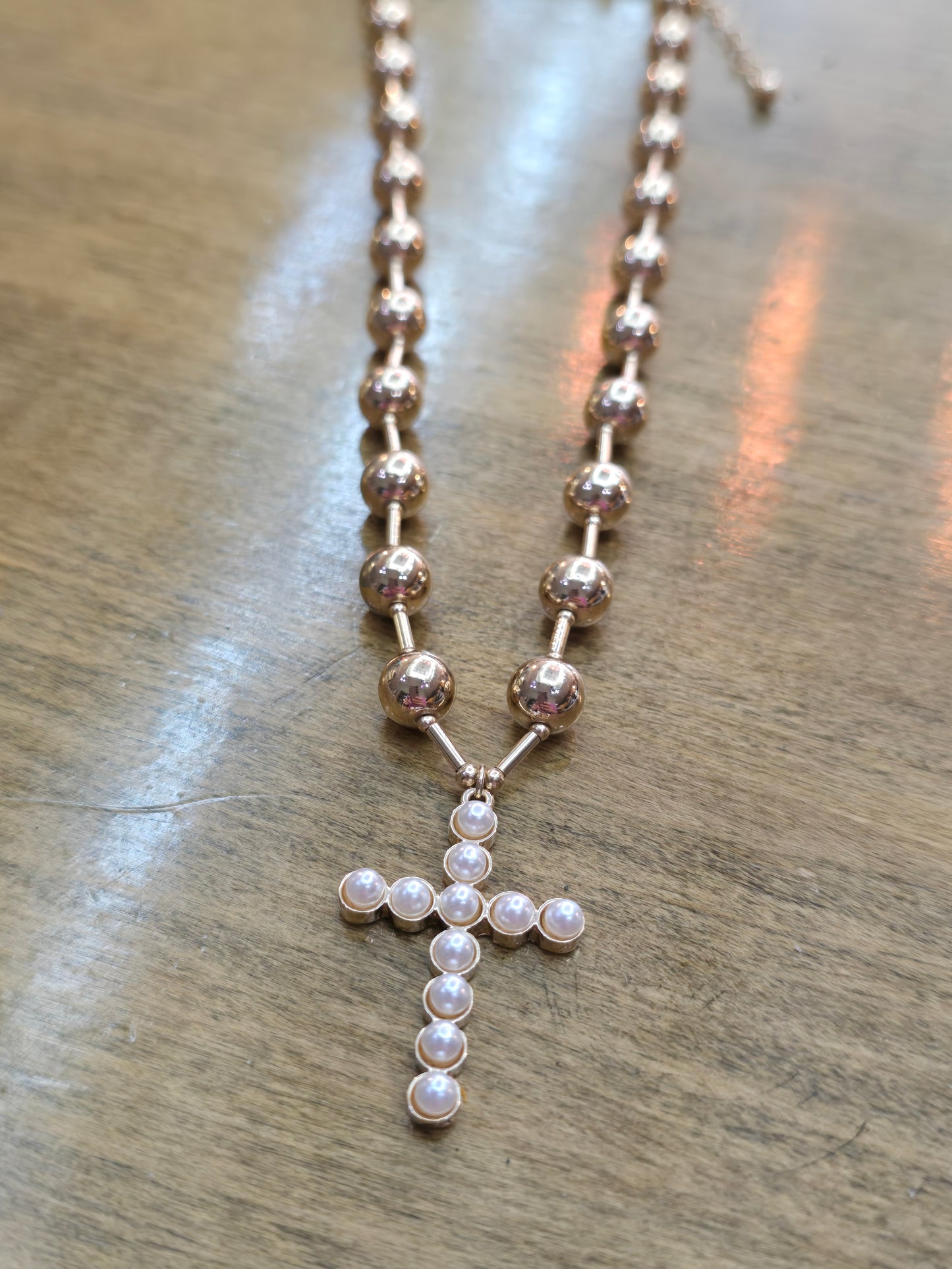 Gold Beaded Necklace with Pearl Beaded Cross