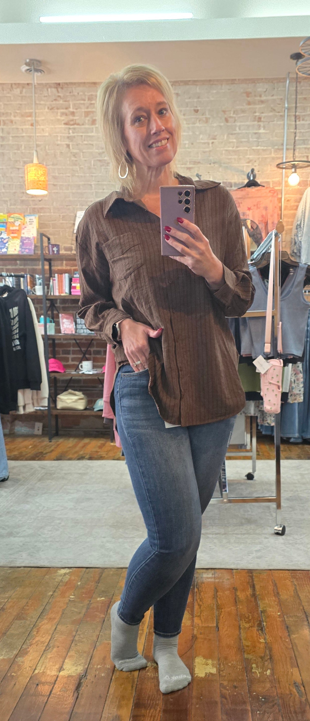 Striped Suede-Touch Button Down Shirt