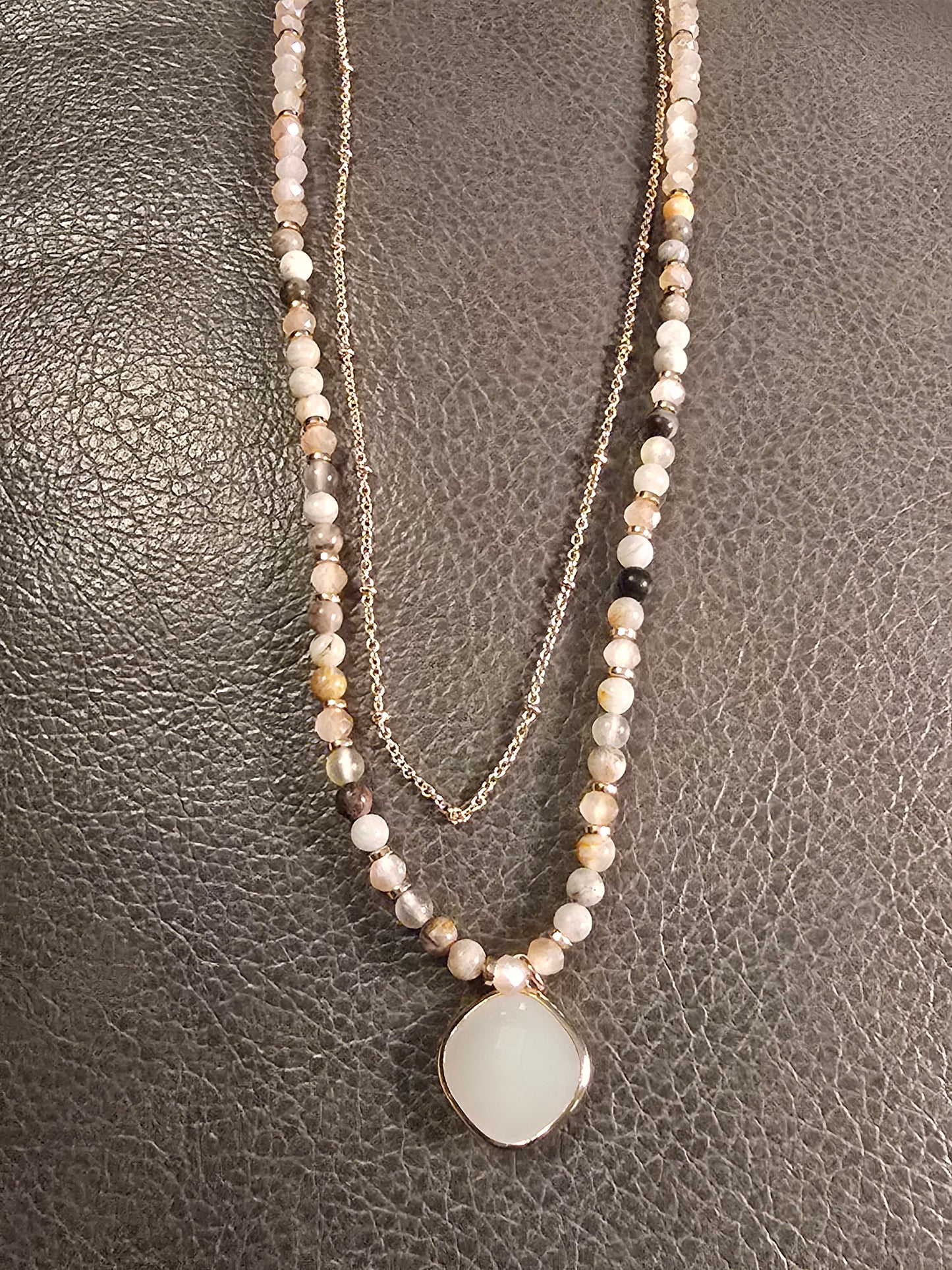 Golden Beaded Double Strand Pendant Necklace