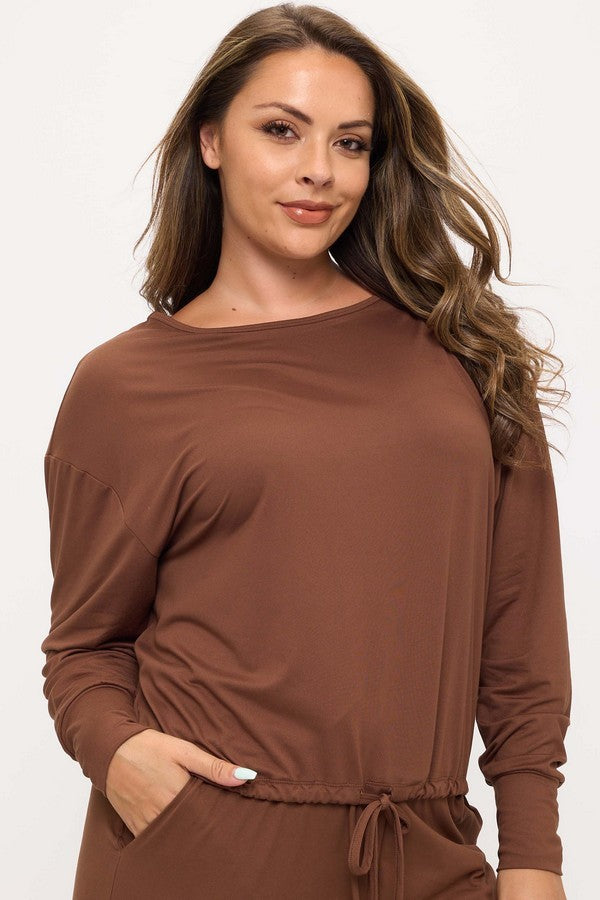 Chocolate Peach Skin Long Sleeve Tie Hem Top & Pants Set