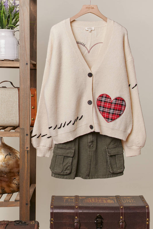 Stitch Heart Accent V Neck Knit Cardigan
