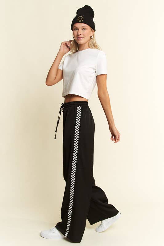 SATIN SWEATPANTS WITH SIDE CHECKERBOARD TAPE