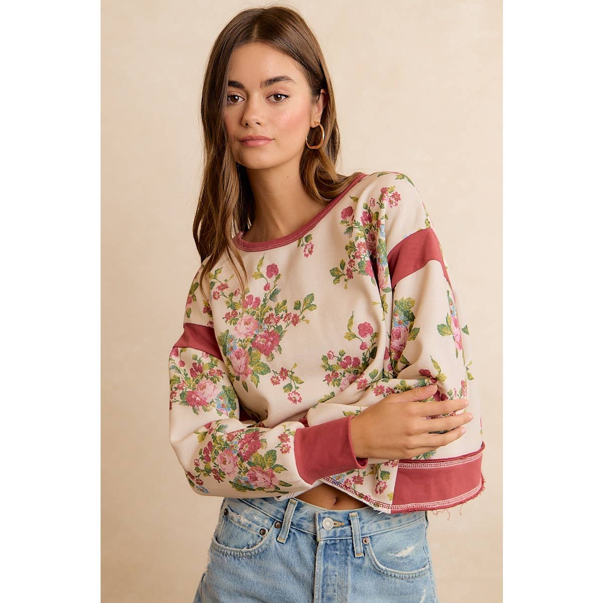 FLORAL BRUSHED TERRY OPEN BACK LONG SLEEVES TOP