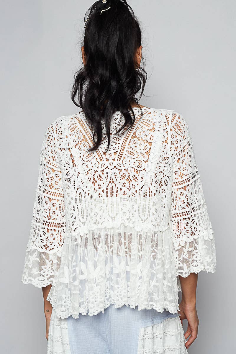 V-neck short sleeve crochet floral lace cardigan