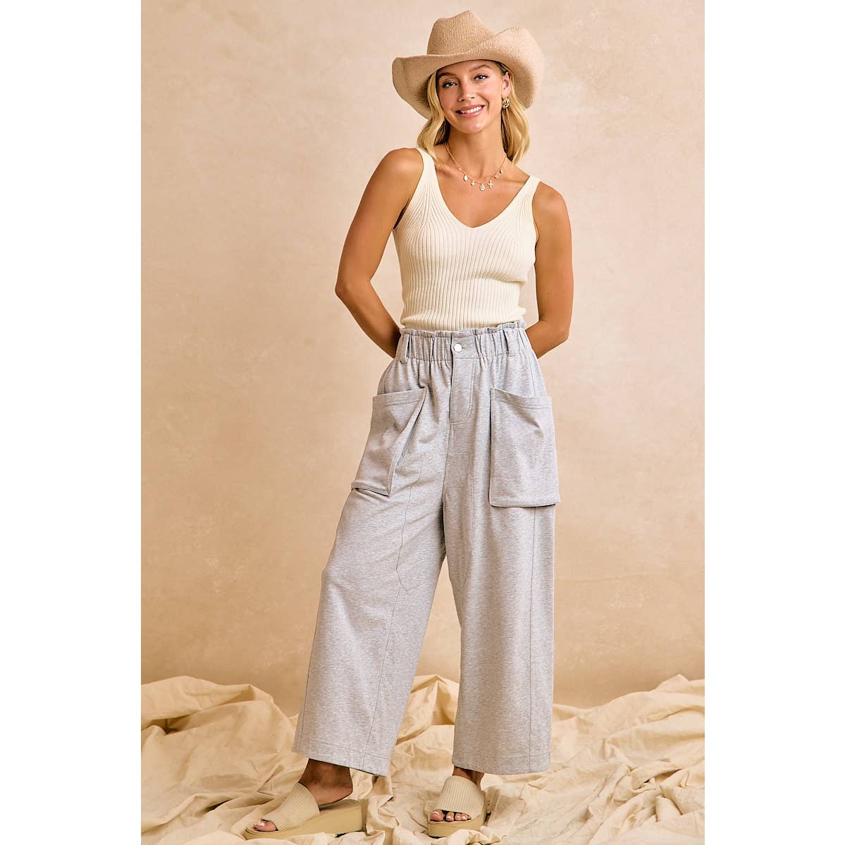 FRENCH TERRY OVERSIZED POCKETS WIDE LEGS PANTS