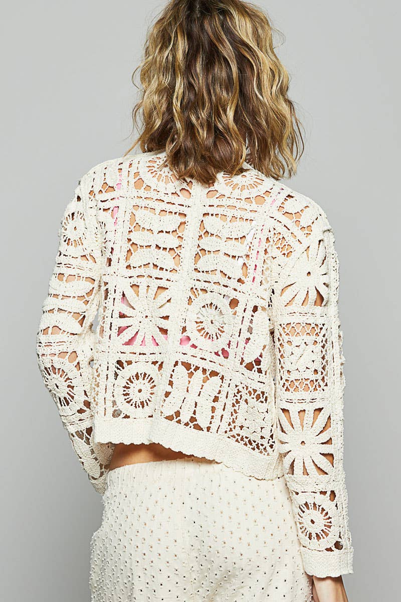V neck long sleeve cropped crochet cardigan