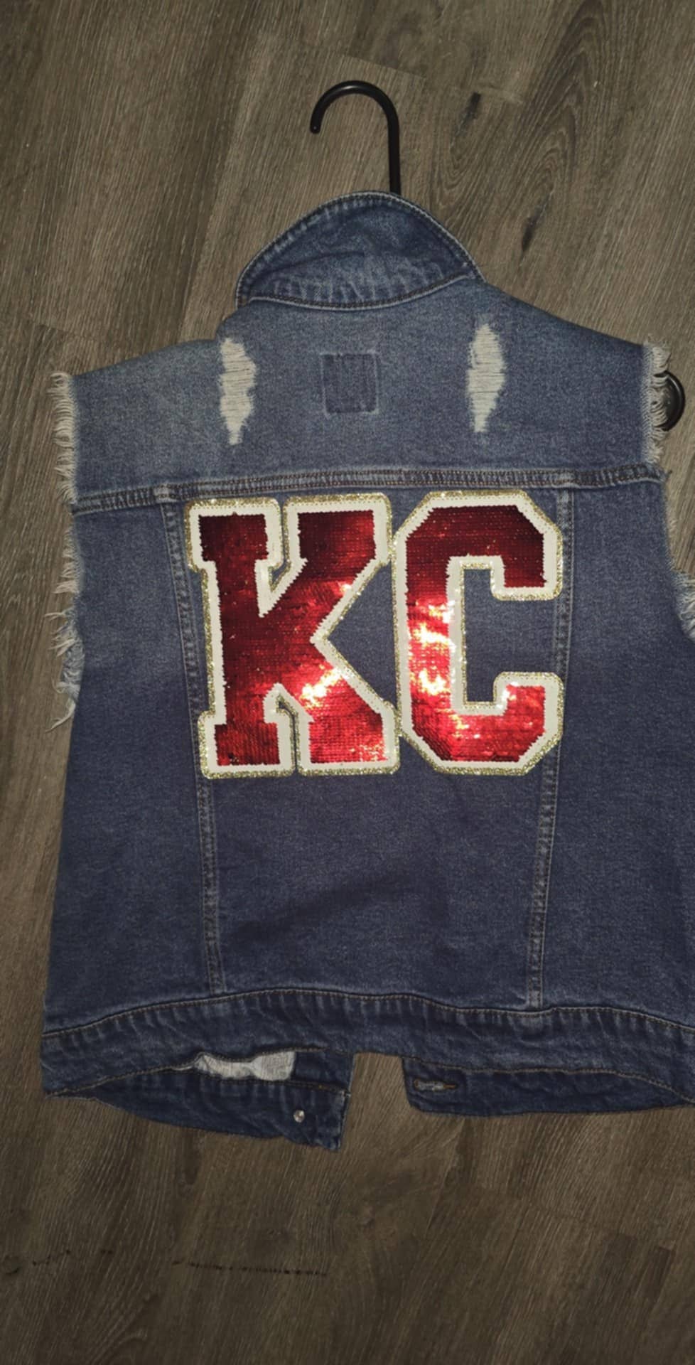 Small Fray Sleeve Recycled Denim KC Chiefs Sequin & Glitter Distressed Jean Vest