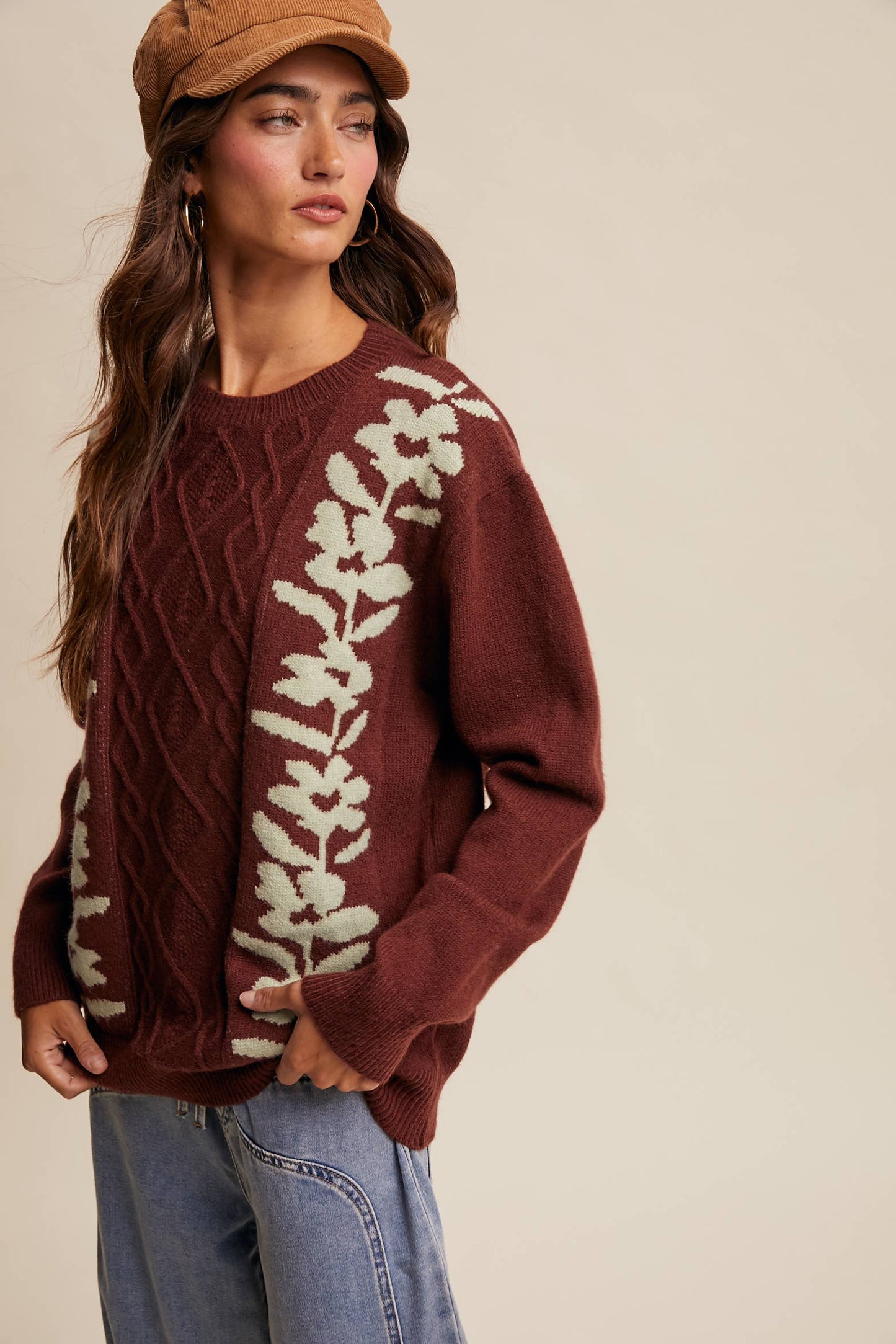 Floral Panel Cable Knit Sweater