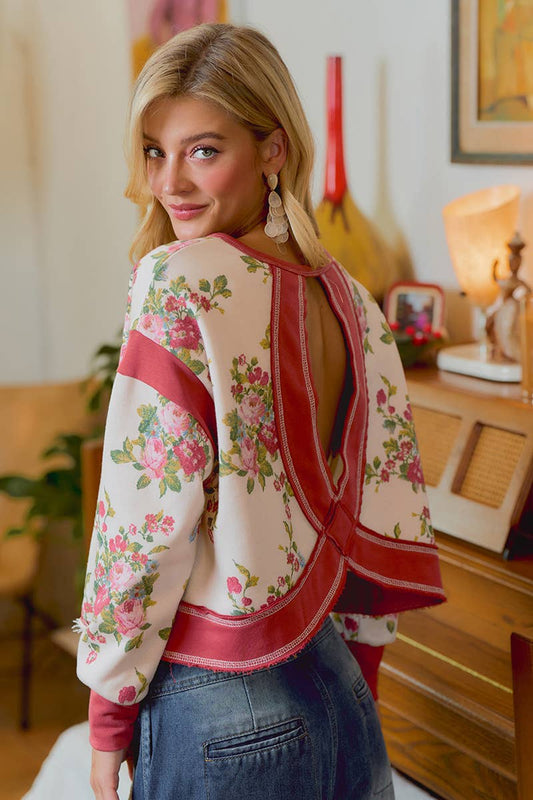 FLORAL BRUSHED TERRY OPEN BACK LONG SLEEVES TOP