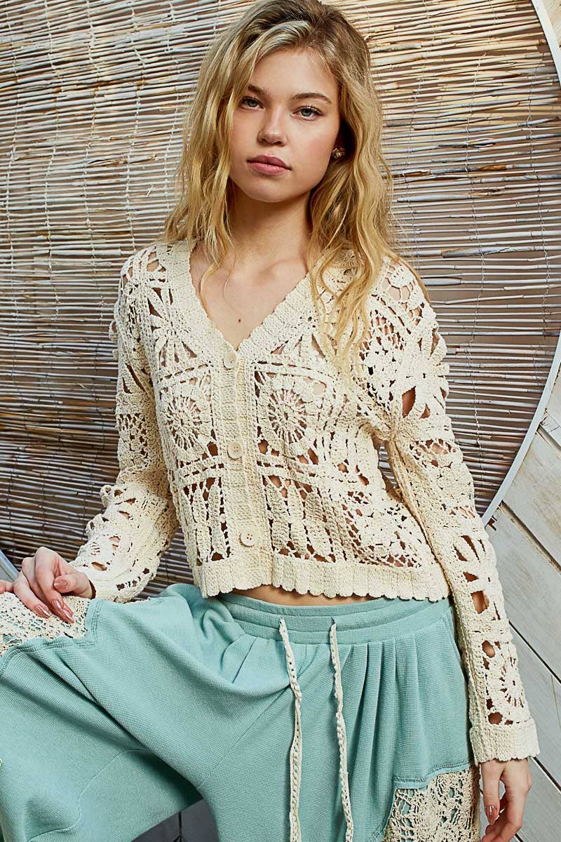 V neck long sleeve cropped crochet cardigan