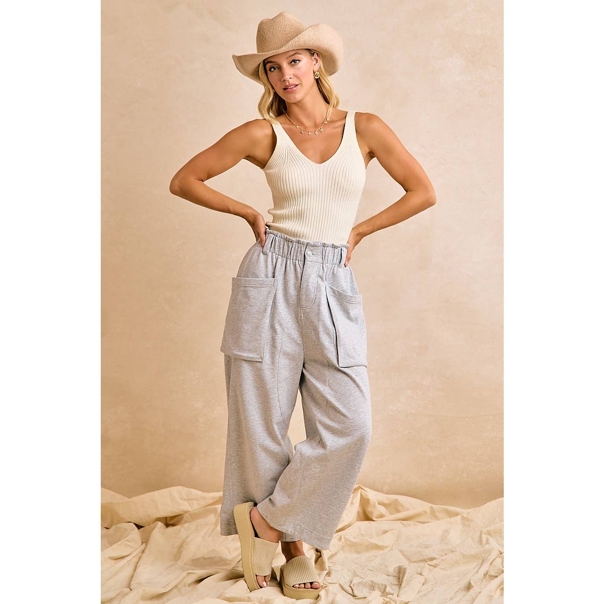 FRENCH TERRY OVERSIZED POCKETS WIDE LEGS PANTS