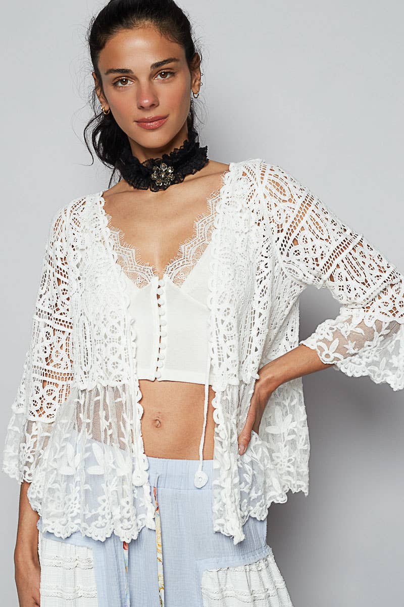 V-neck short sleeve crochet floral lace cardigan