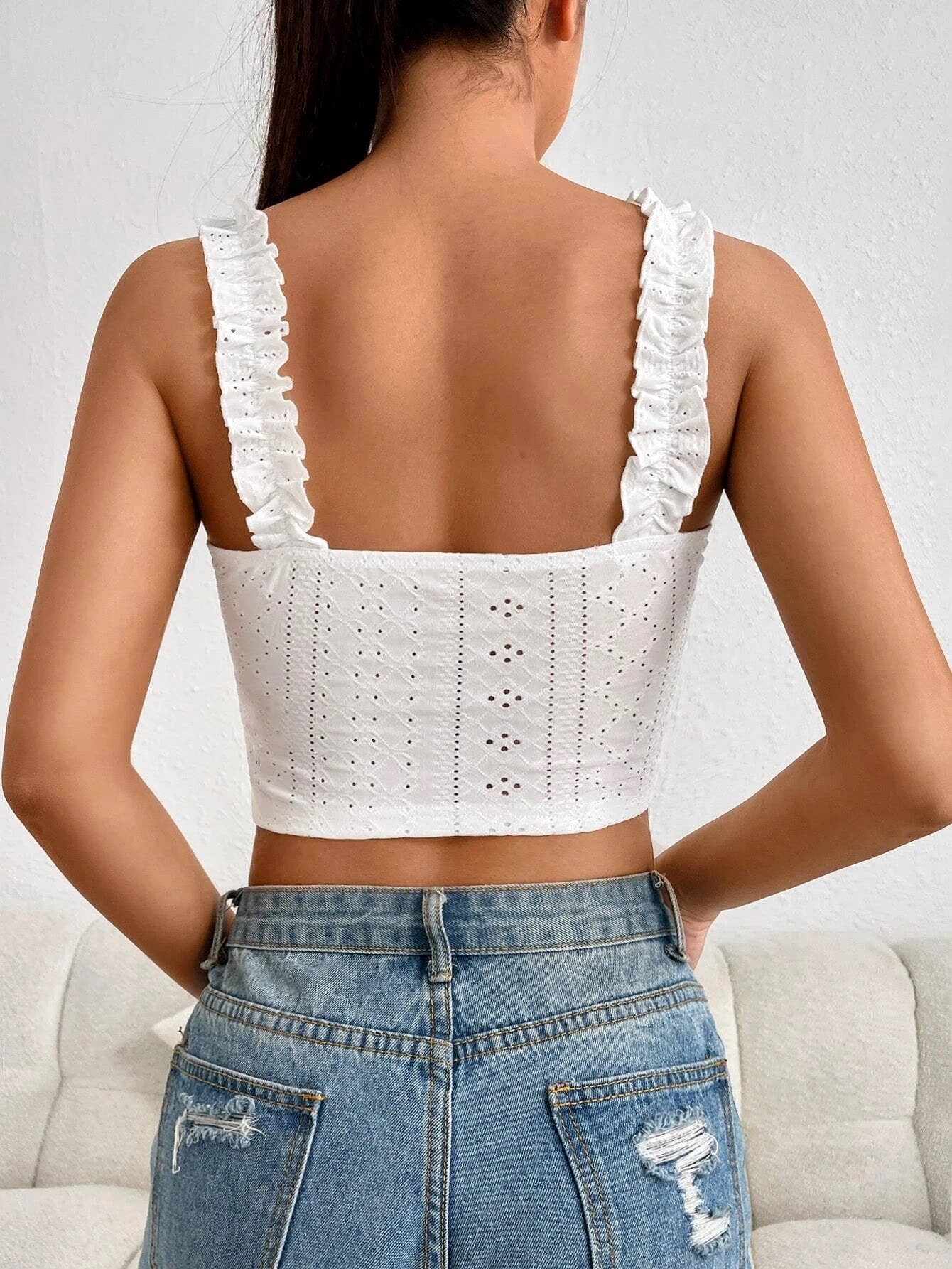 Ruffled Lace Cutout Crop Tank Top