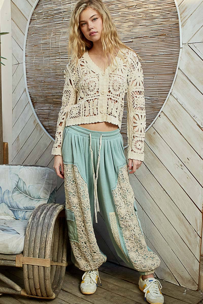V neck long sleeve cropped crochet cardigan