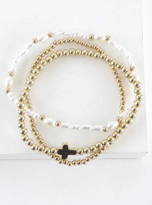 3 PC Set Brass Cross Pearl Stretch Bracelets