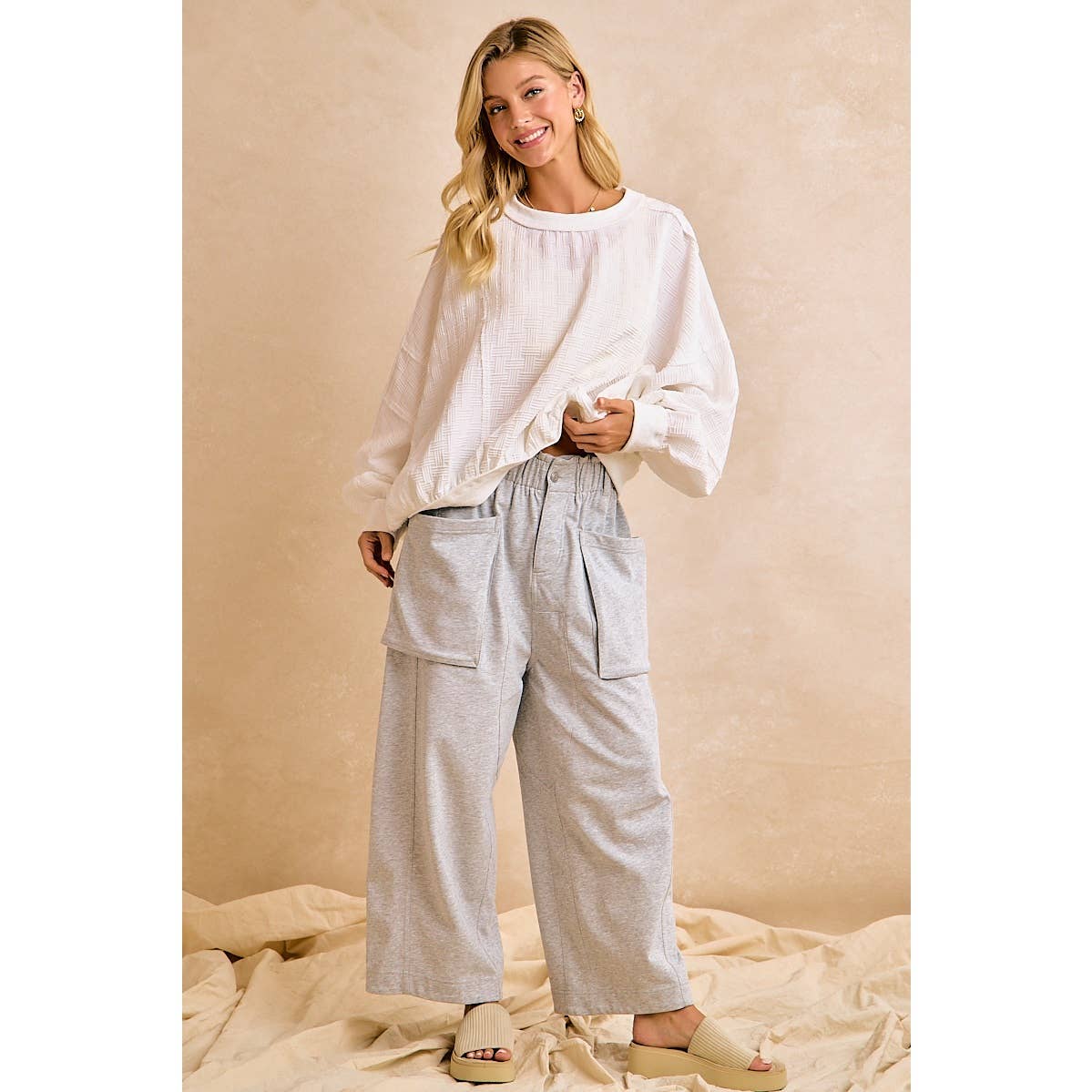 FRENCH TERRY OVERSIZED POCKETS WIDE LEGS PANTS