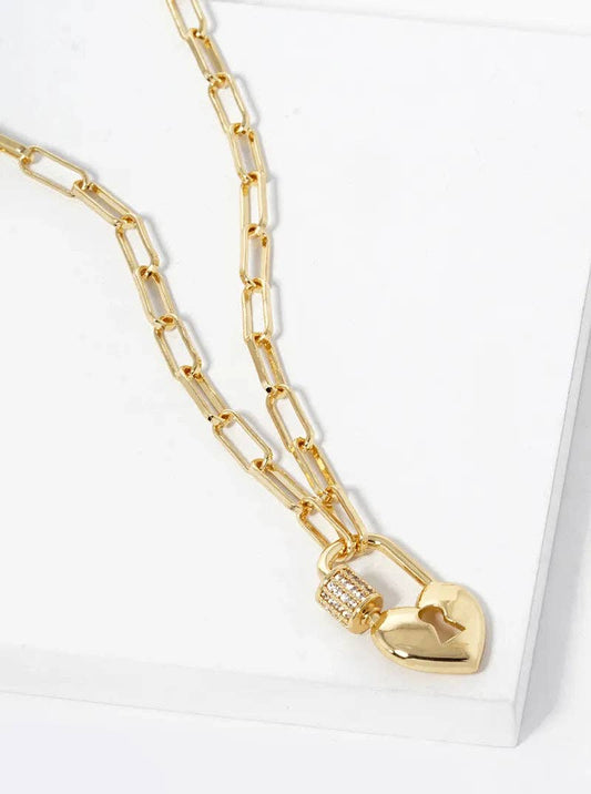 18K Gold Cz Pave Heart Lock Pendant Necklace