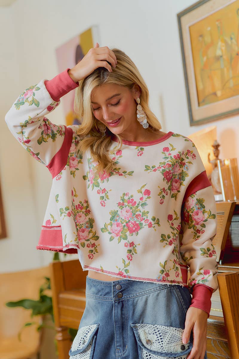 FLORAL BRUSHED TERRY OPEN BACK LONG SLEEVES TOP