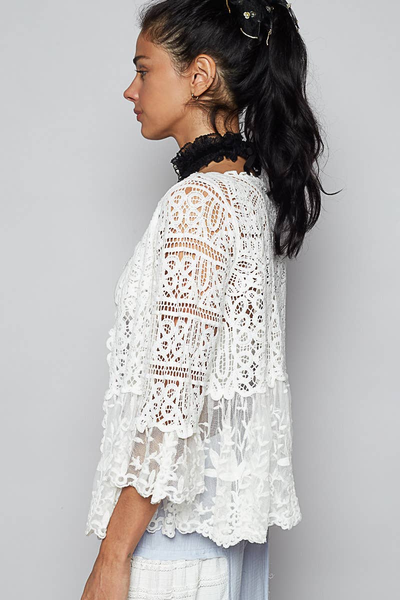 V-neck short sleeve crochet floral lace cardigan