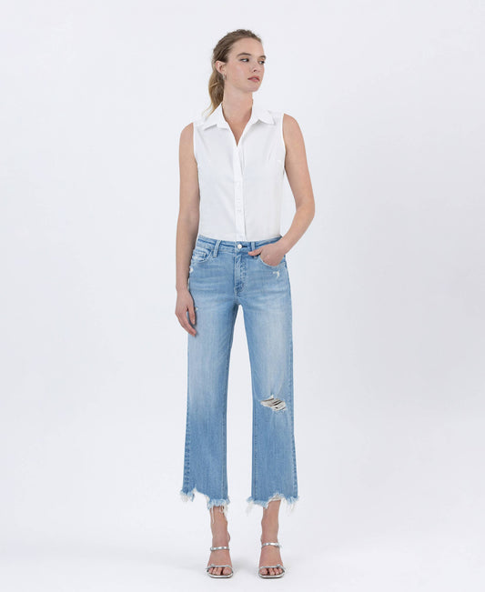 HIGH RISE DISTRESSED CROP SLIM WIDE JEANS