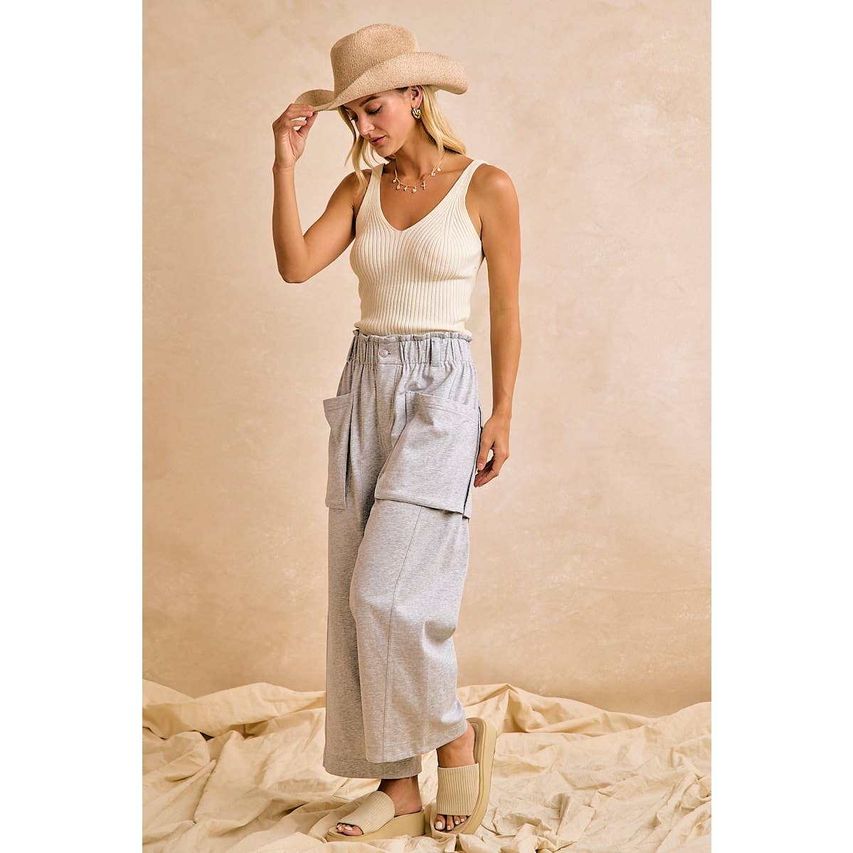 FRENCH TERRY OVERSIZED POCKETS WIDE LEGS PANTS