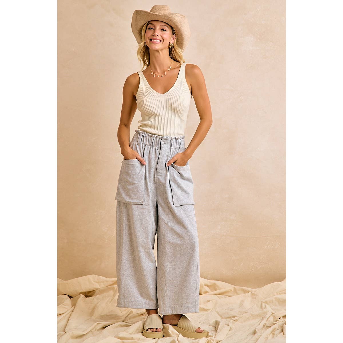 FRENCH TERRY OVERSIZED POCKETS WIDE LEGS PANTS