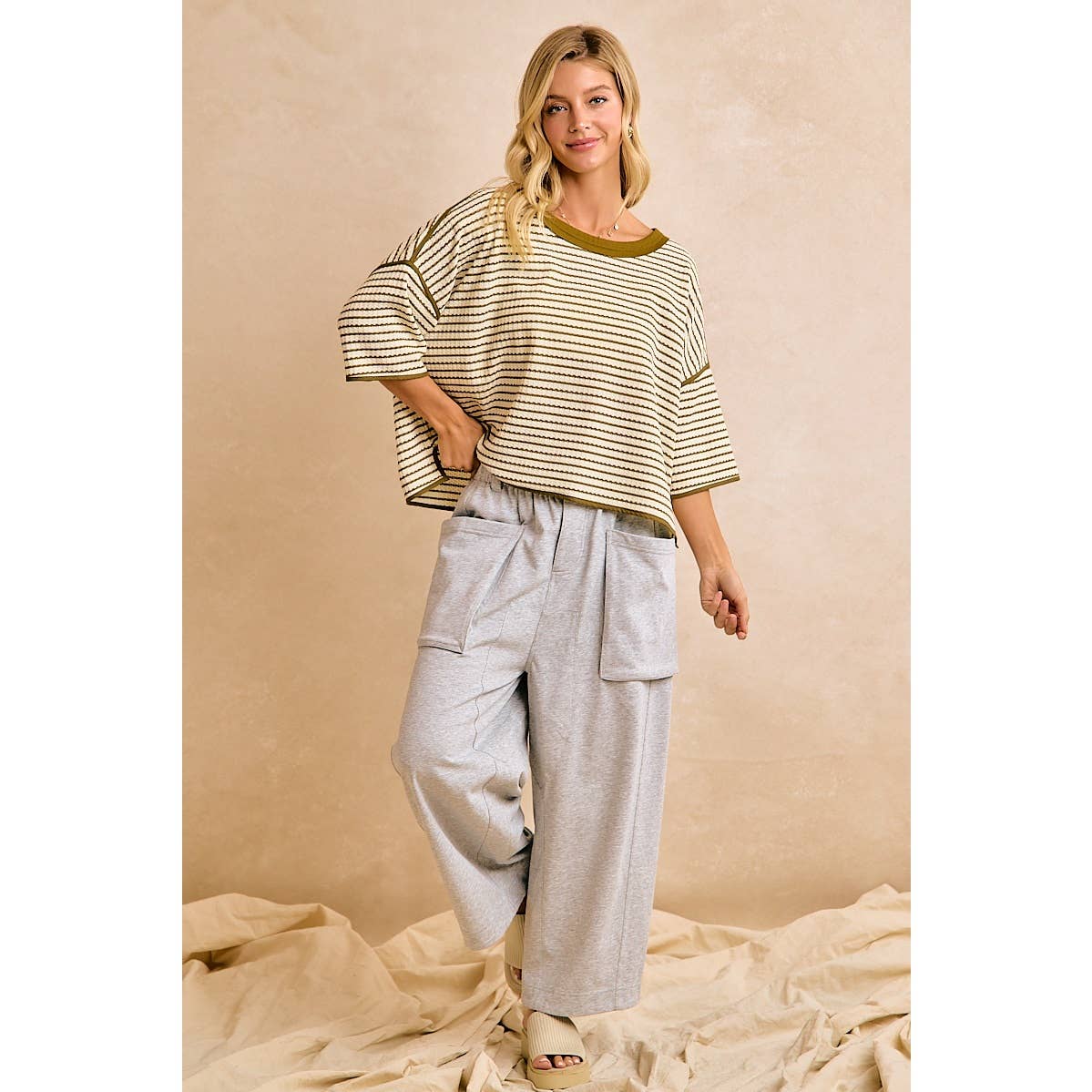 FRENCH TERRY OVERSIZED POCKETS WIDE LEGS PANTS