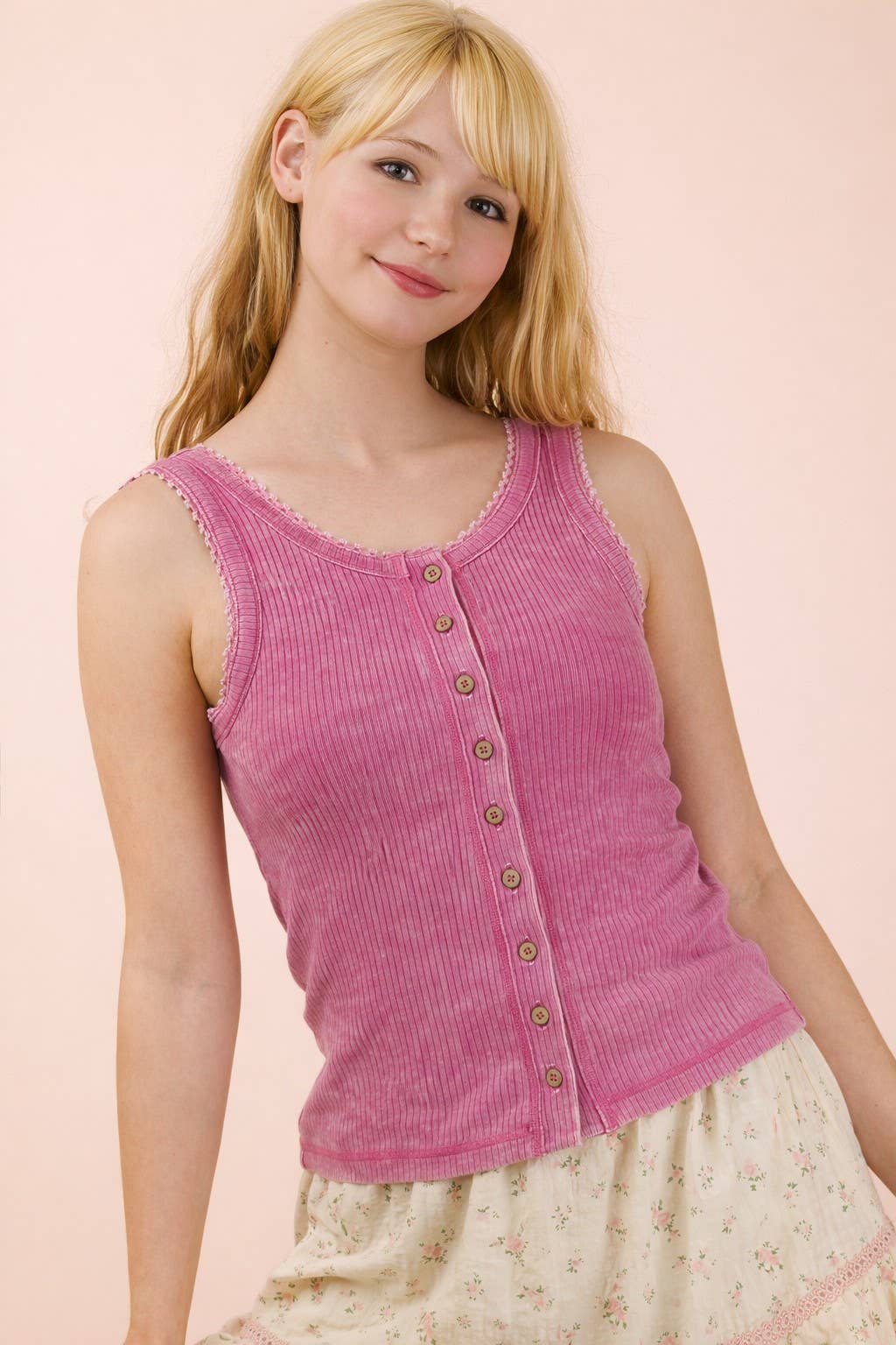 Mineral Washed Knit Tank Top W/ Lace Trim
