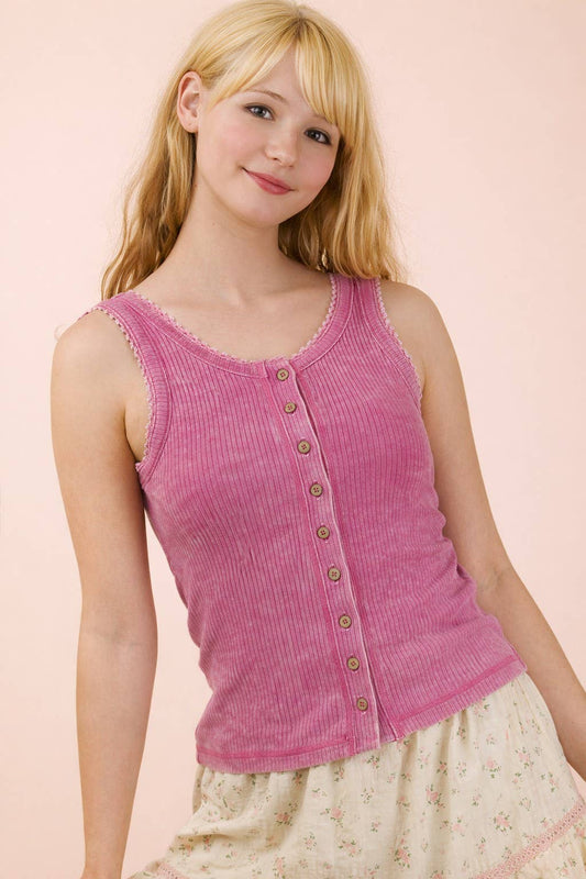 Mineral Washed Knit Tank Top W/ Lace Trim