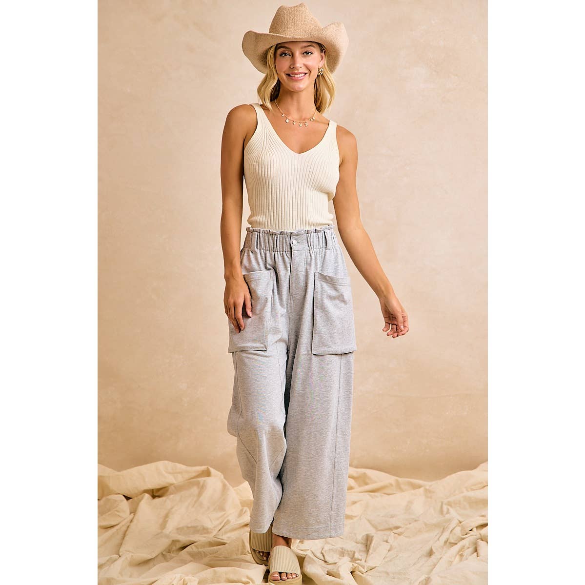 FRENCH TERRY OVERSIZED POCKETS WIDE LEGS PANTS