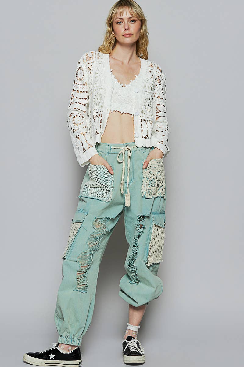 V neck long sleeve cropped crochet cardigan