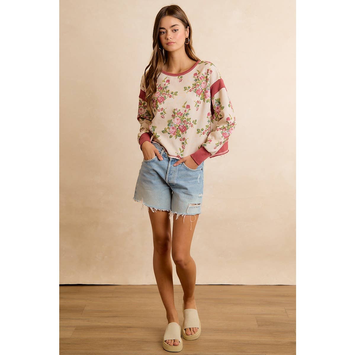 FLORAL BRUSHED TERRY OPEN BACK LONG SLEEVES TOP