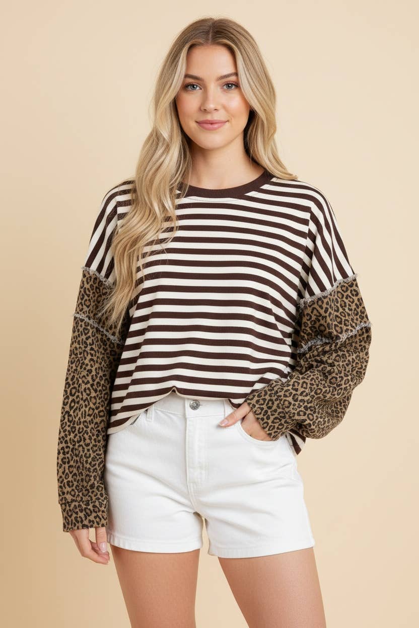 Mixed Pattern Striped and Leopard Patchwork Knit Top